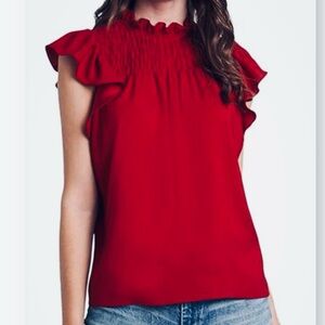 M New 1.STATE high ruffle neck flutter sleeve smocked sleeveless blouse top red